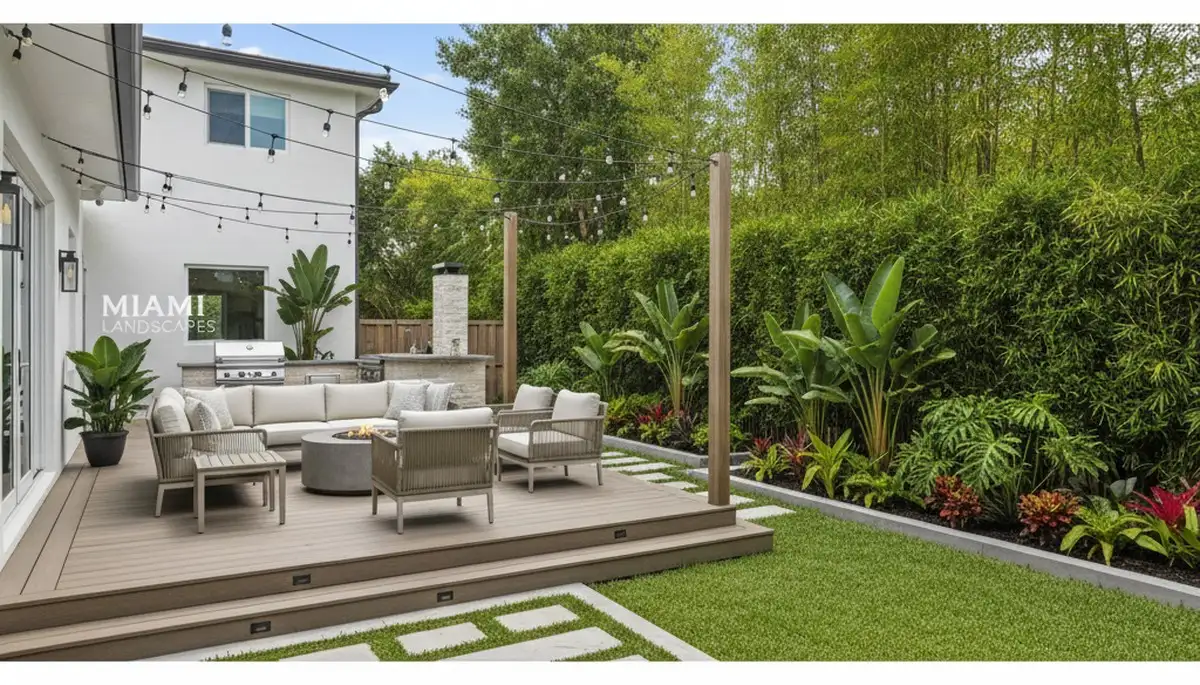 Modern backyard patio with lighting, lush plants, and outdoor seating by landscapers in Miami, FL