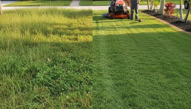 Before and after lawn mowing comparison showing professional yard care in Miami, FL