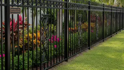 Black ornamental metal fence installation by Chop Chop Landscaping in Miami, FL for elegant yard security