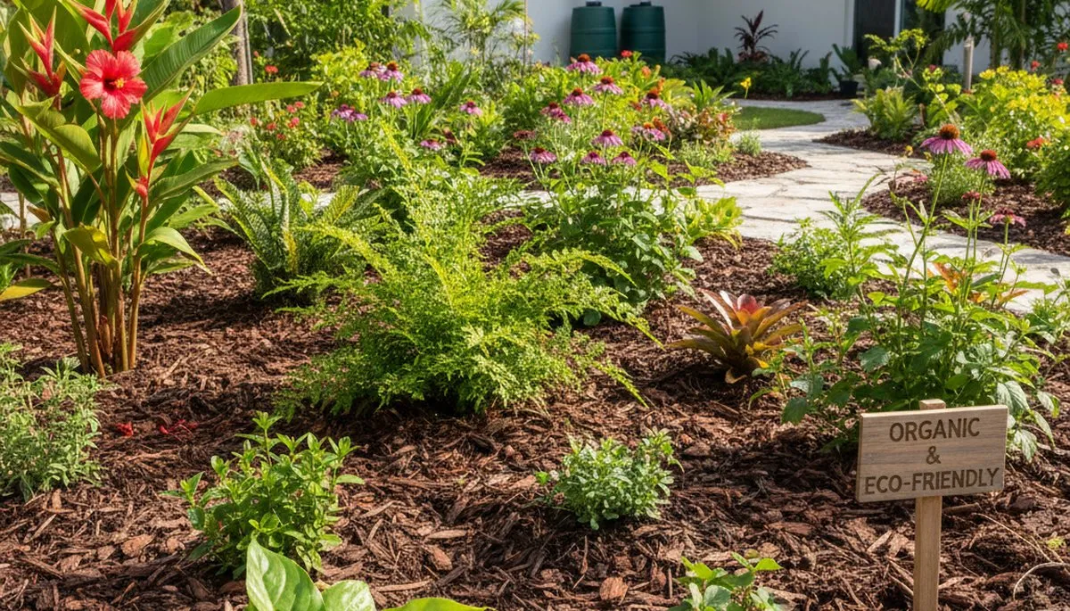 Organic landscape beds with lush plants and natural mulch by eco landscapers in Miami, FL