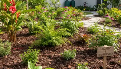 Organic landscape beds with lush plants and natural mulch by eco landscapers in Miami, FL