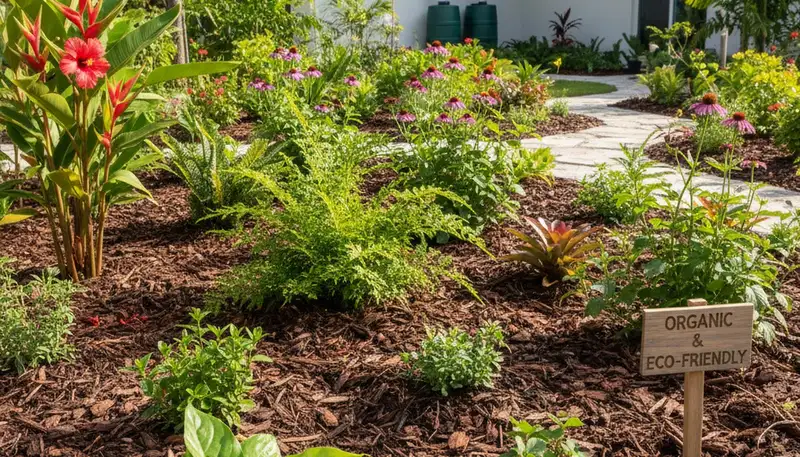 Organic landscape beds with lush plants and natural mulch by eco landscapers in Miami, FL