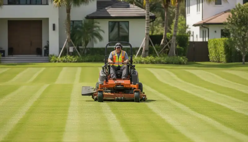 Commercial mower creating precise striped lawn patterns during professional mowing in Miami, FL