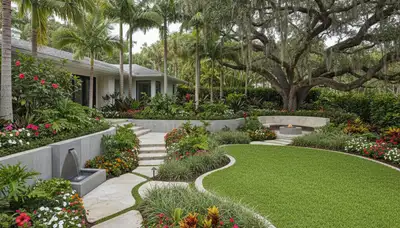 Complete property landscape transformation with lush lawn and tropical plants in Miami, FL