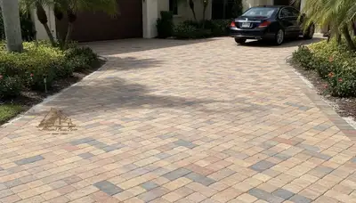 Completed interlocking paver driveway installation by professional landscapers in Miami, FL