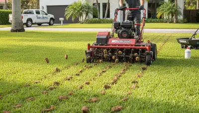 Professional core aeration on residential Miami FL lawn showing soil plugs and turf aeration process