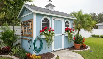 Decorative garden shed with tropical landscaping in Miami, FL by Chop Chop Landscaping