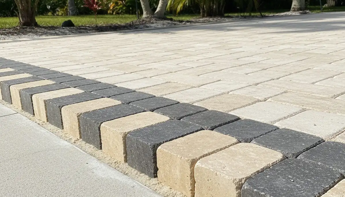 Close-up of decorative driveway paver border and edging by professional landscapers in Miami, FL