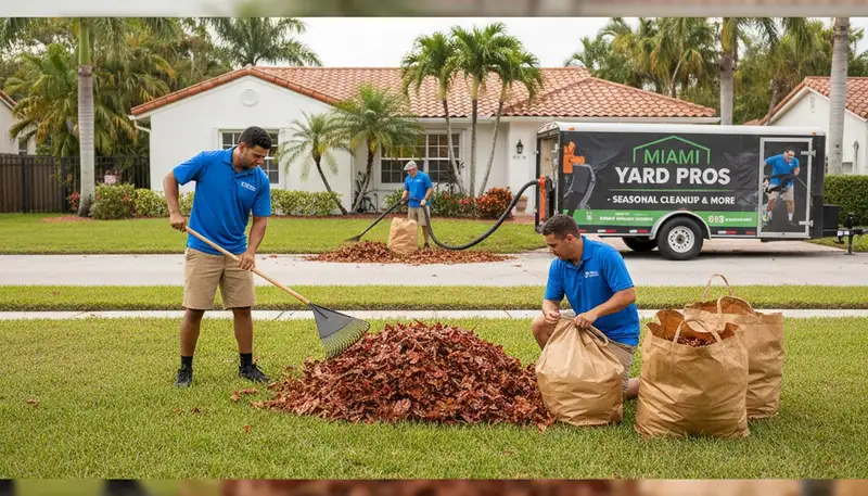 Professional landscapers raking leaves during yard clean up in Miami, FL for fall lawn maintenance