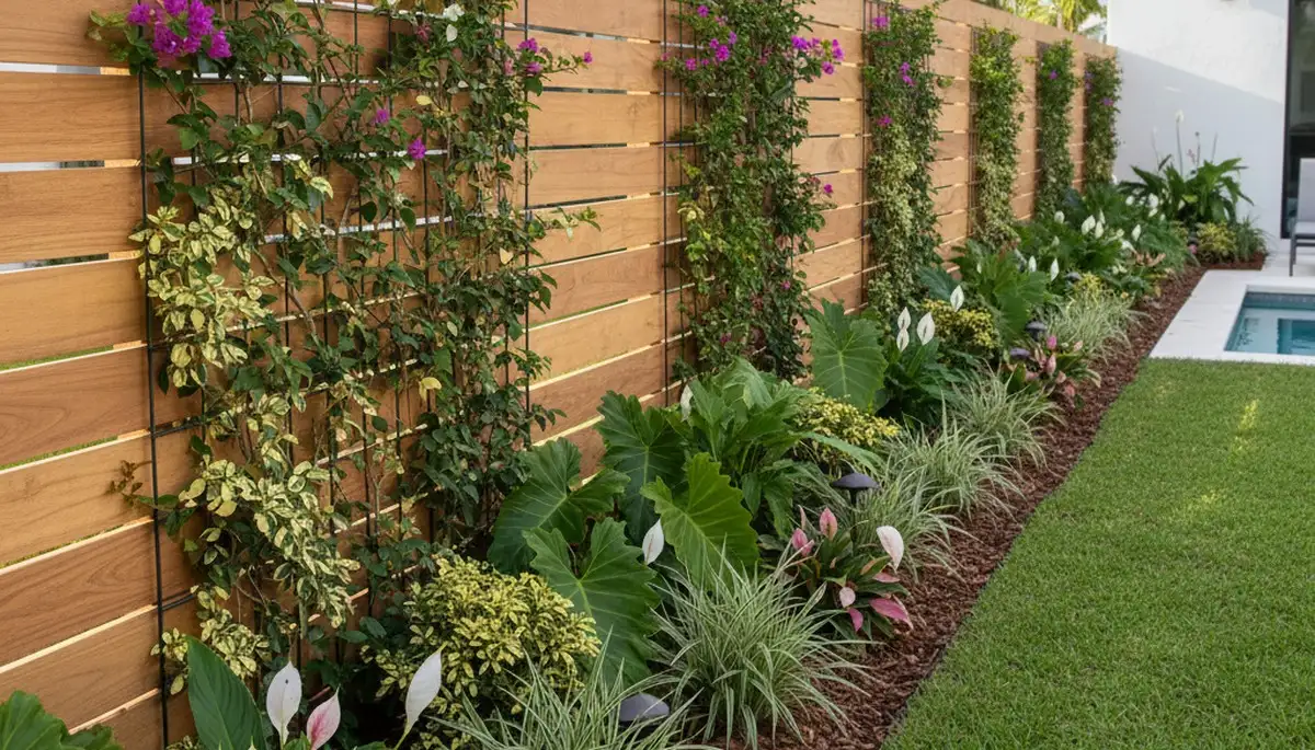 Decorative fence with integrated landscape plantings by Chop Chop Landscaping in Miami, FL