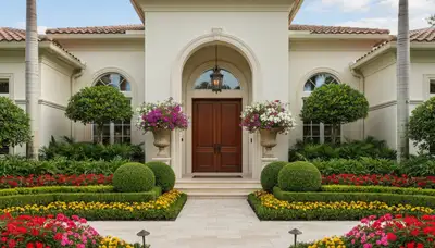 Front yard landscaping with colorful plants and shaped shrubs at a Miami, FL home entrance