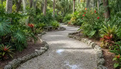 Pea gravel garden pathway design with tropical plants in Miami FL by Chop Chop Landscaping