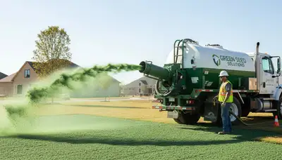 Hydroseeder truck spraying lawn slurry during professional hydroseeding service in Miami, FL