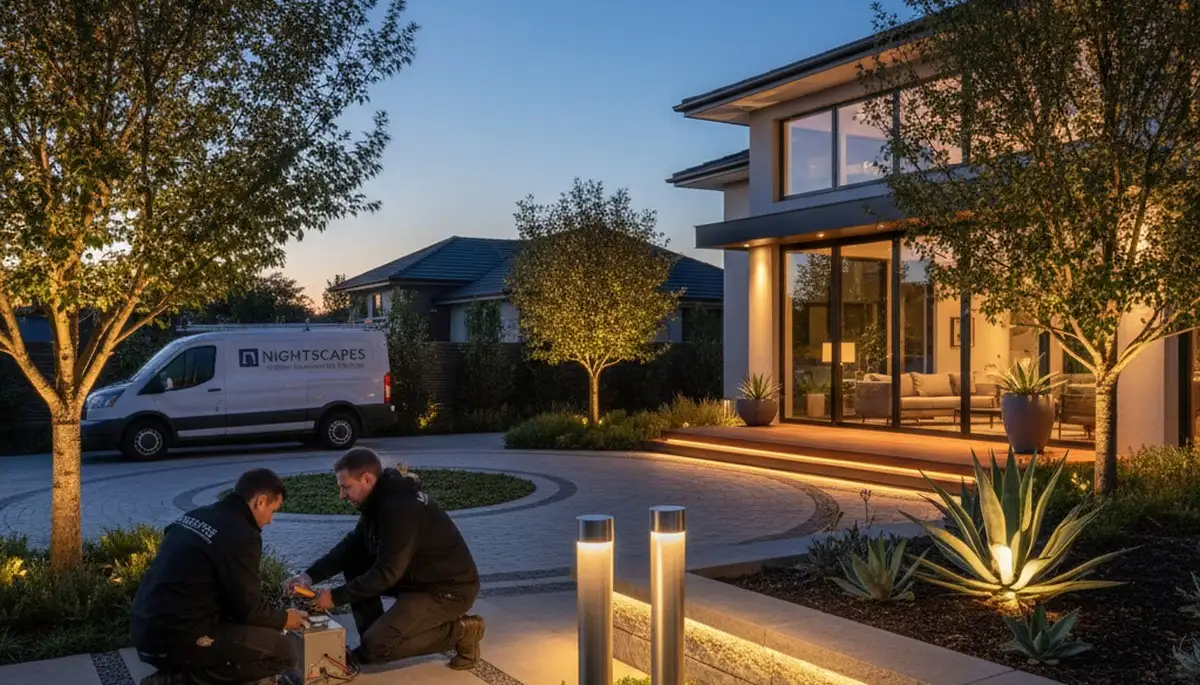 Landscape lighting installation in Miami, FL for a landscaped home exterior at night