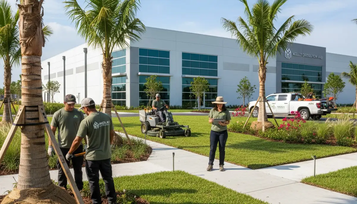 Miami FL landscaping service crew maintaining a lush residential yard in Miami, Florida
