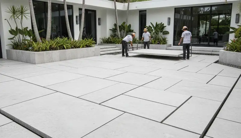 Modern large stone paver installation with sleek design by Chop Chop Landscaping in Miami, FL