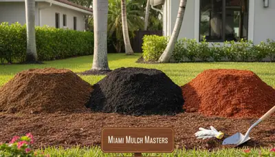 Mulch color options in Miami FL showing brown, black, and red varieties by Chop Chop Landscaping