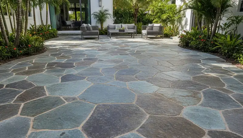 Natural flagstone patio installation with stone pavers in Miami FL by Chop Chop Landscaping
