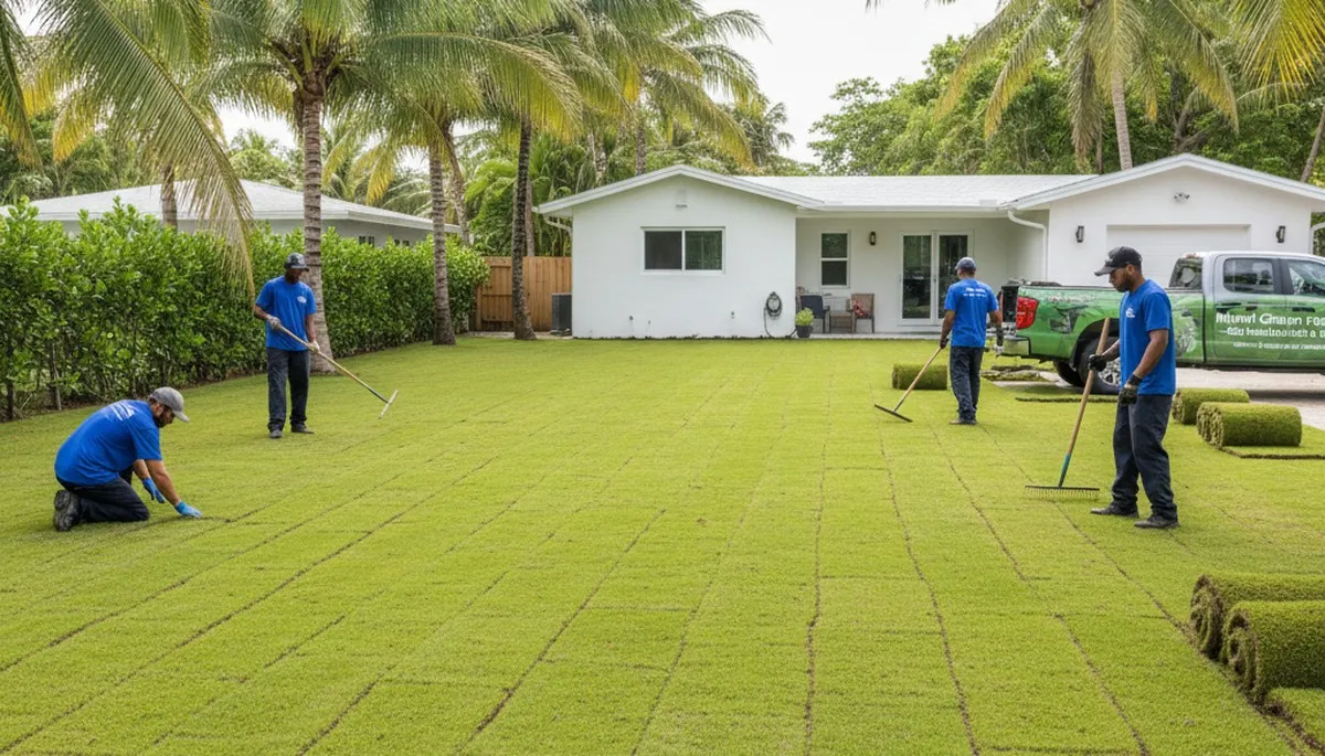 Freshly installed vibrant green sod lawn by professional landscapers in Miami, FL