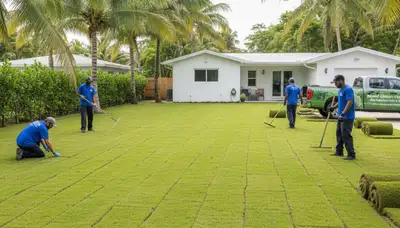 Freshly installed vibrant green sod lawn by professional landscapers in Miami, FL