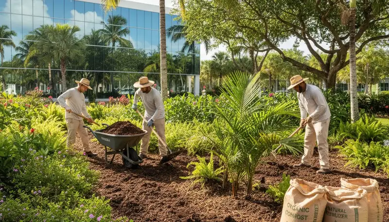 Organic compost and soil amendment applied by professional landscapers in Miami, FL for sustainable yards