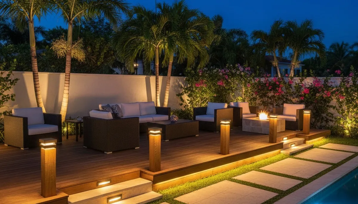 Illuminated outdoor living space with post cap and step lights by Chop Chop Landscaping in Miami, FL