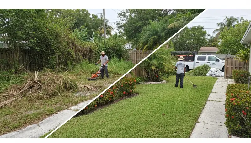 Before and after professional yard cleanup and overgrowth removal by landscapers in Miami, FL