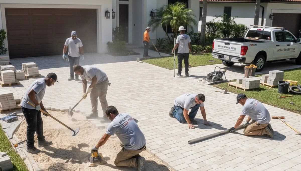Professional crew installing driveway pavers in Miami, FL with precise leveling and base preparation