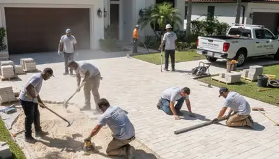 Professional crew installing driveway pavers in Miami, FL with precise leveling and base preparation