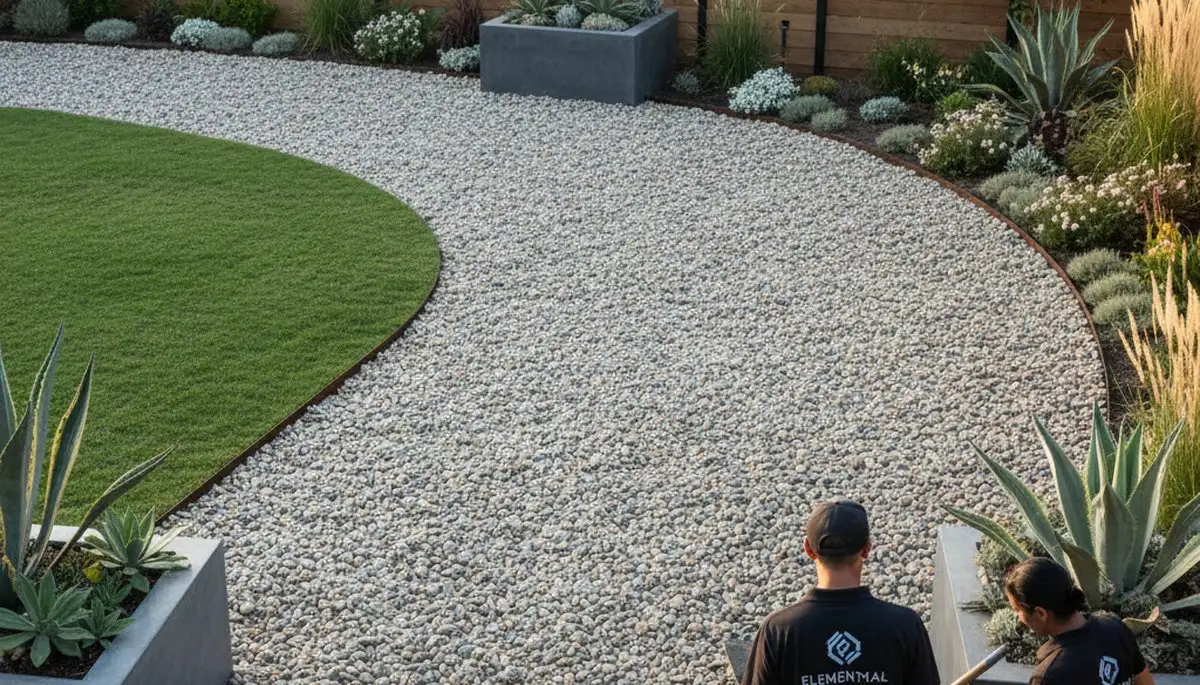 Pea gravel landscaping in Miami, FL for pathways and drainage by Chop Chop Landscaping