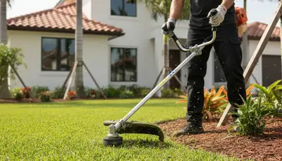 Technician performing precision string trimming on lawn edges in Miami, FL for professional landscaping maintenance