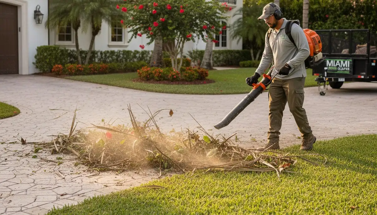 Professional leaf blowing and debris cleanup during lawn maintenance in Miami, FL