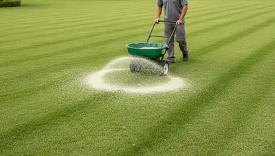 Professional lawn care technician spreading fertilizer evenly on residential lawn in Miami, FL