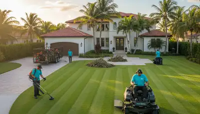 Professional crew mowing and edging residential lawn in Miami FL for full-service landscaping maintenance