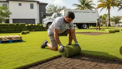 Professional landscaper installing fresh sod rolls on prepared soil in Miami, FL