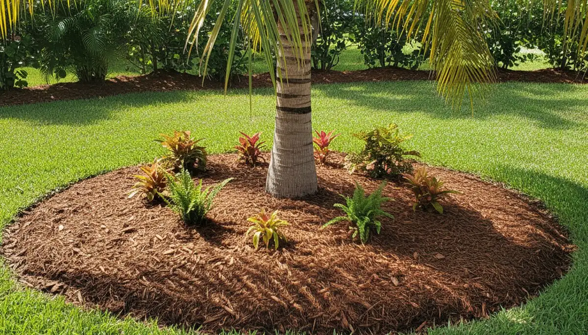 Professional circular tree mulch ring installation by landscaping experts in Miami, FL