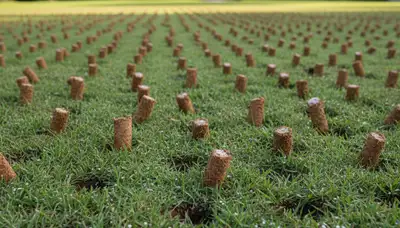 Close-up of soil core plugs after lawn aeration treatment on a Miami, FL lawn by Chop Chop Landscaping