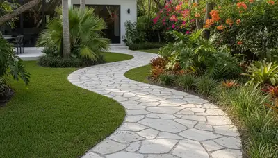 Curved stone paver pathway in Miami FL landscape by Chop Chop Landscaping showcasing expert installation