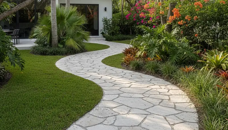 Curved stone paver pathway in Miami FL landscape by Chop Chop Landscaping showcasing expert installation
