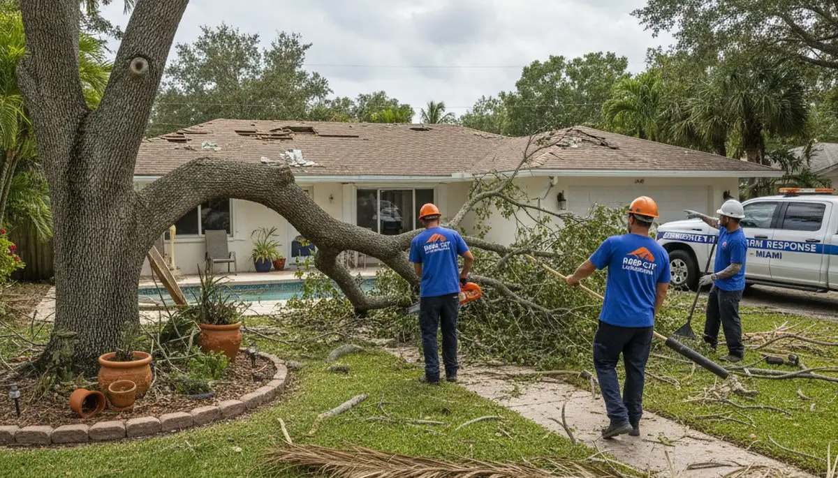 Technicians clearing storm debris and fallen branches during yard cleanup in Miami, FL