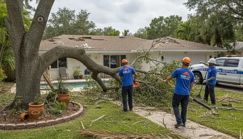 Technicians clearing storm debris and fallen branches during yard cleanup in Miami, FL